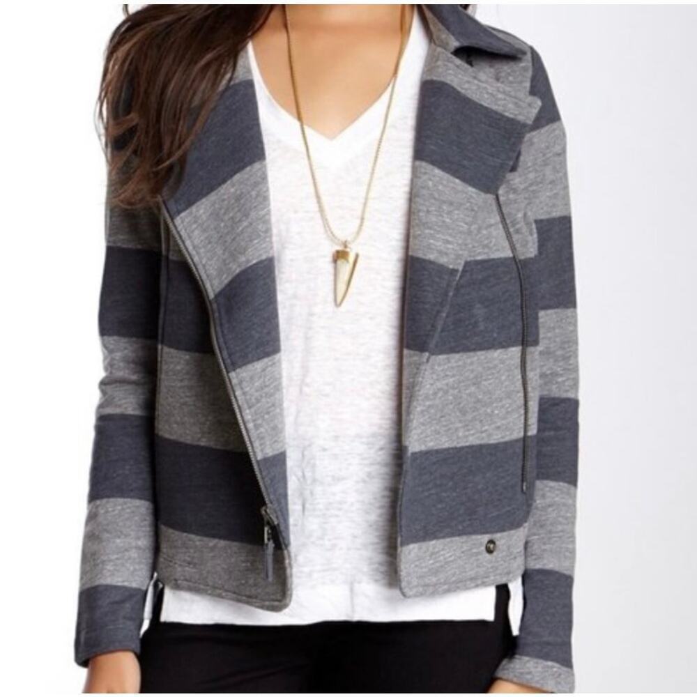 Splendid Cotton Blend Gray and Blue Striped Rugby Midtown Moto Jacket - S